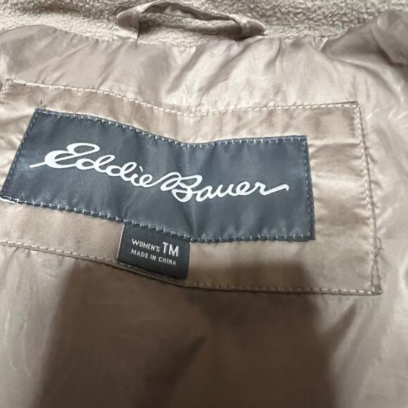 Eddie Bauer Coat Womens Medium Tall Long Down Puffer Jacket Hooded Tan Winter ** - Picture 7 of 11